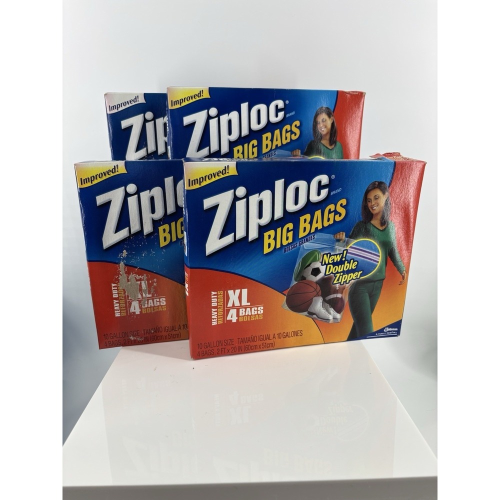 Ziploc Big Bag 4 XL 10 Gallon 24"x20"x7" Double Zip Lock Lot Of 4 Packs (16 Bag)